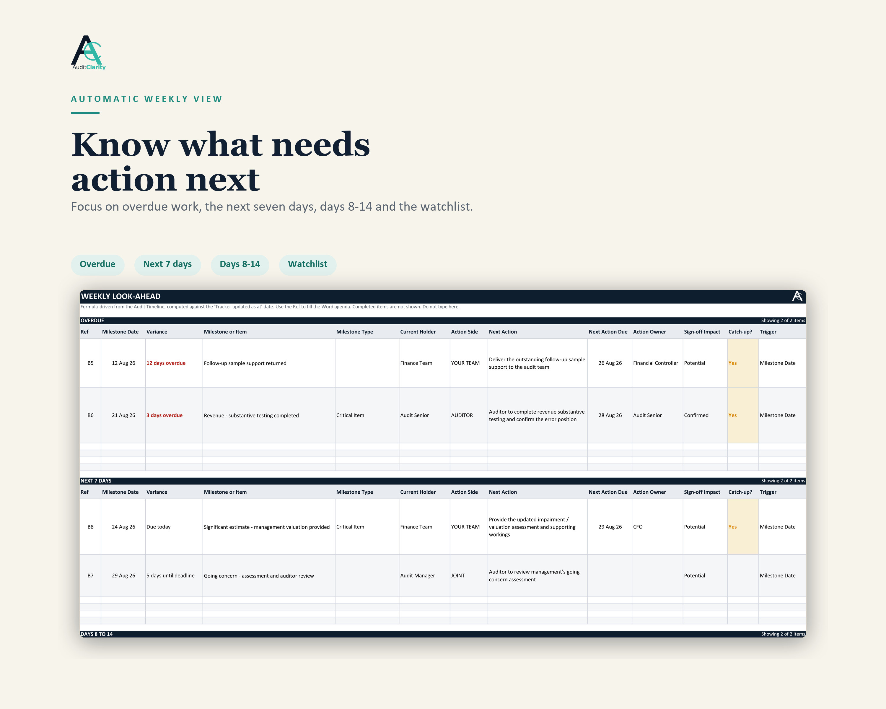 External Audit Timeline Weekly Look-Ahead